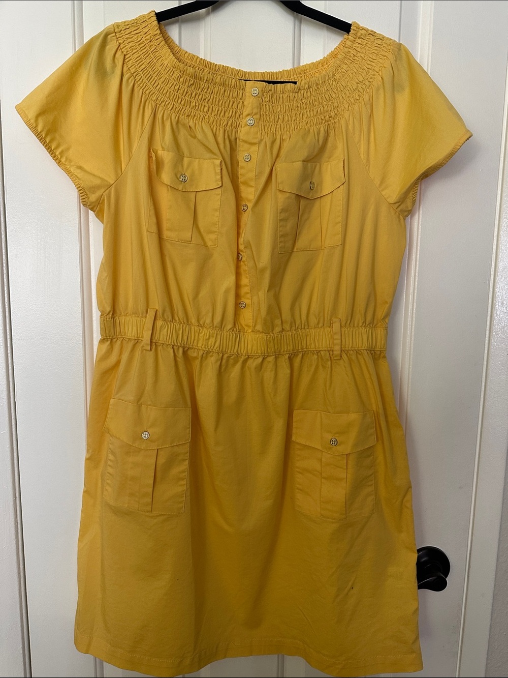 New York & Company Yellow Smocked-Neck Short Sleeve Shirtwaist Dress